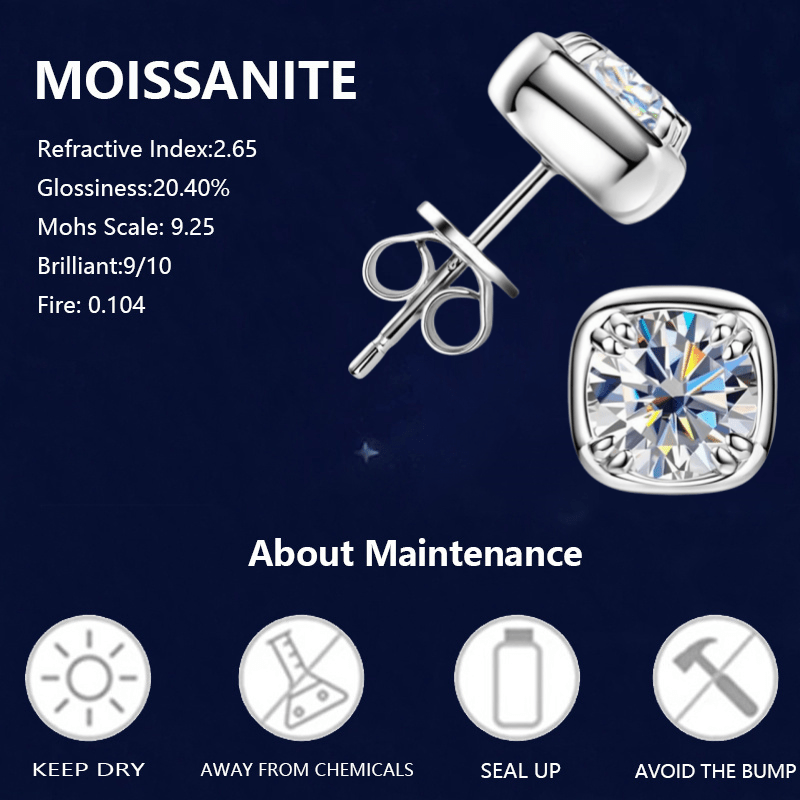 925 Silver Moissanite Square Stud Earrings, Unisex Gift